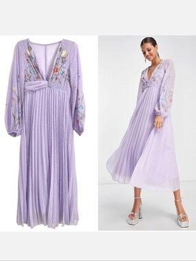 ASOS DESIGN twist front pleated midi dress Embroydery Lilac Purple Size 0